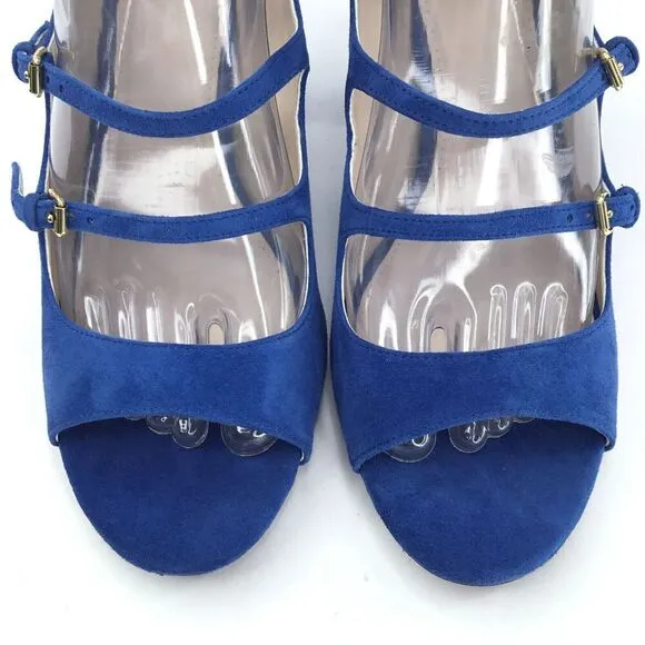 Cole Haan Cielo Sandals 8.5 Block Chunky Heels Blue Suede Cage Buckle Straps NEW