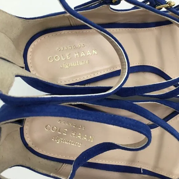 Cole Haan Cielo Sandals 8.5 Block Chunky Heels Blue Suede Cage Buckle Straps NEW