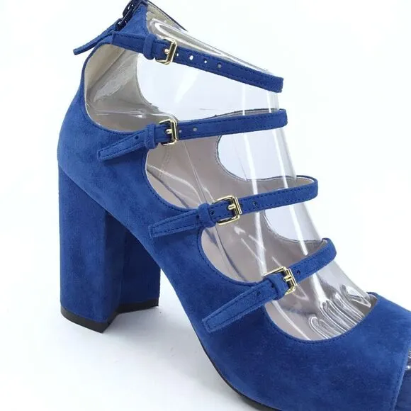 Cole Haan Cielo Sandals 8.5 Block Chunky Heels Blue Suede Cage Buckle Straps NEW