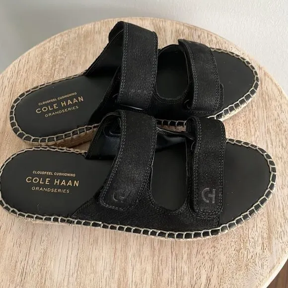 Cole Haan Cloudfeel Espadrille Double Strap Leather Slides with Jute, 5, NWOB