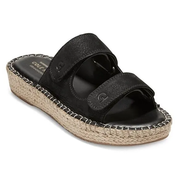 Cole Haan Cloudfeel Espadrille Double Strap Leather Slides with Jute, 5, NWOB