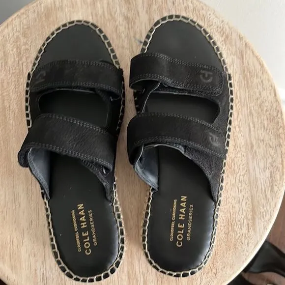Cole Haan Cloudfeel Espadrille Double Strap Leather Slides with Jute, 5, NWOB