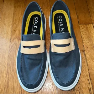Cole Haan Navy Canvas Penny Loafers with Tan leather NWOT