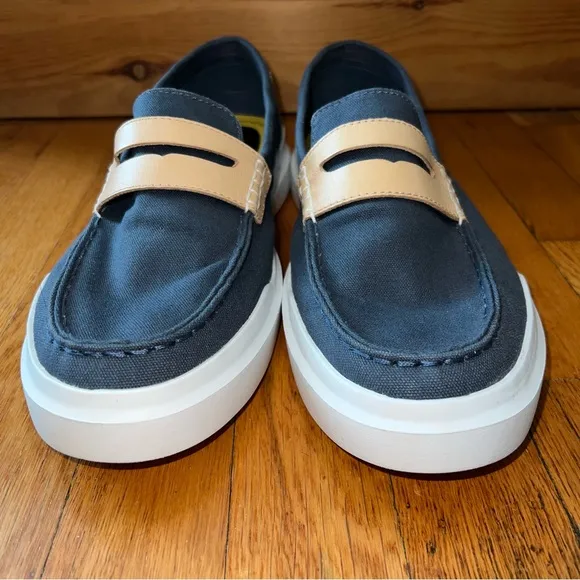 Cole Haan Navy Canvas Penny Loafers with Tan leather NWOT