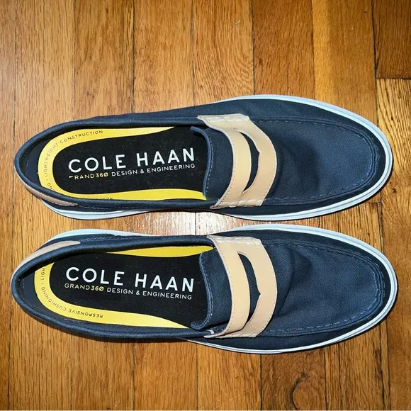 Cole Haan Navy Canvas Penny Loafers with Tan leather NWOT
