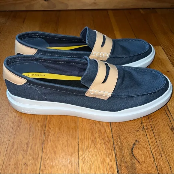 Cole Haan Navy Canvas Penny Loafers with Tan leather NWOT