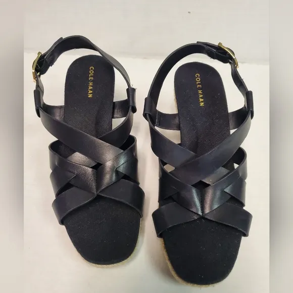 COLE HAAN - WOMENS CRYSTAL WEDGE SANDALS size 6B Colors: Black Glazed Leather