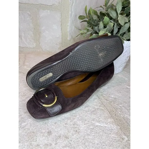Cole Haan brown suede flats with bronze buckle sz 7.5 AA
