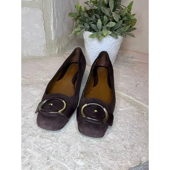 Cole Haan brown suede flats with bronze buckle sz 7.5 AA