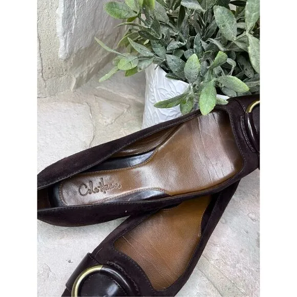 Cole Haan brown suede flats with bronze buckle sz 7.5 AA