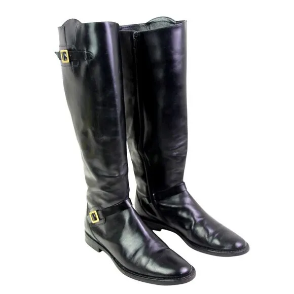 Cole Haan BLACK GENUINE LEATHER LOW HEEL ROUND TOE SIDE ZIP BELTED BOOTS Sz 7B