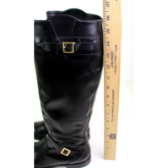 Cole Haan BLACK GENUINE LEATHER LOW HEEL ROUND TOE SIDE ZIP BELTED BOOTS Sz 7B