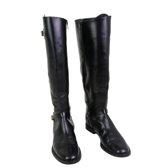 Cole Haan BLACK GENUINE LEATHER LOW HEEL ROUND TOE SIDE ZIP BELTED BOOTS Sz 7B