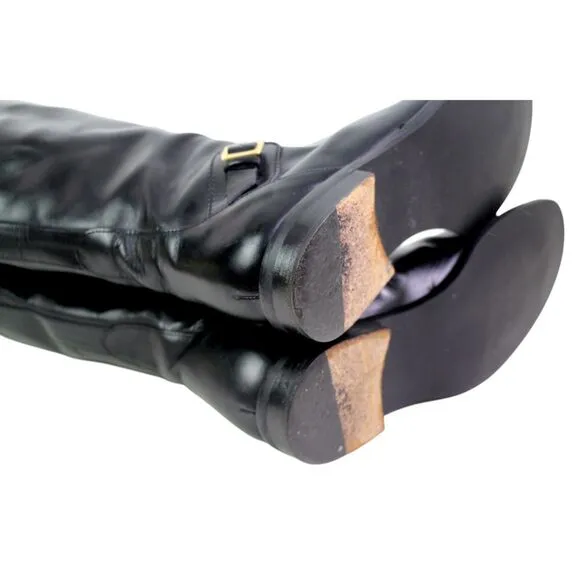 Cole Haan BLACK GENUINE LEATHER LOW HEEL ROUND TOE SIDE ZIP BELTED BOOTS Sz 7B