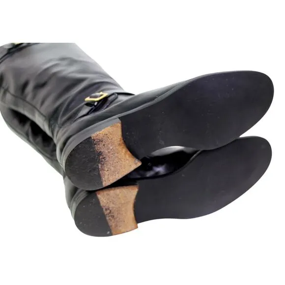 Cole Haan BLACK GENUINE LEATHER LOW HEEL ROUND TOE SIDE ZIP BELTED BOOTS Sz 7B