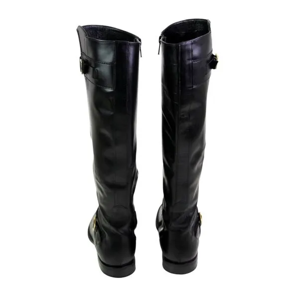 Cole Haan BLACK GENUINE LEATHER LOW HEEL ROUND TOE SIDE ZIP BELTED BOOTS Sz 7B