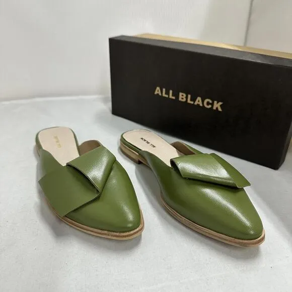 Contemporary Chic Olive Green Leather Half Bow Mule Sandals (8.5)