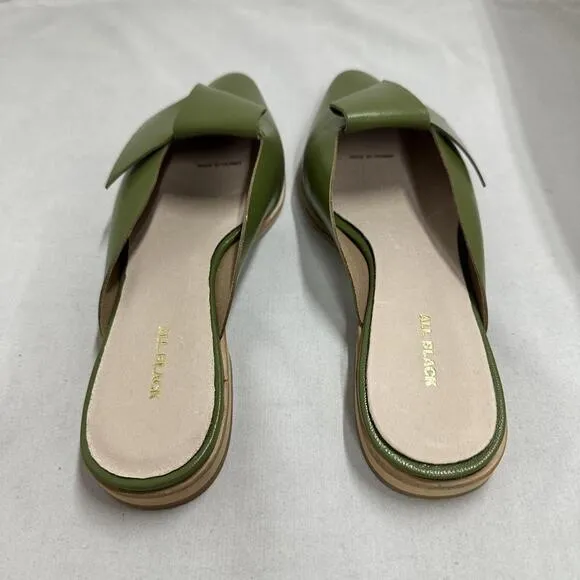 Contemporary Chic Olive Green Leather Half Bow Mule Sandals (8.5)
