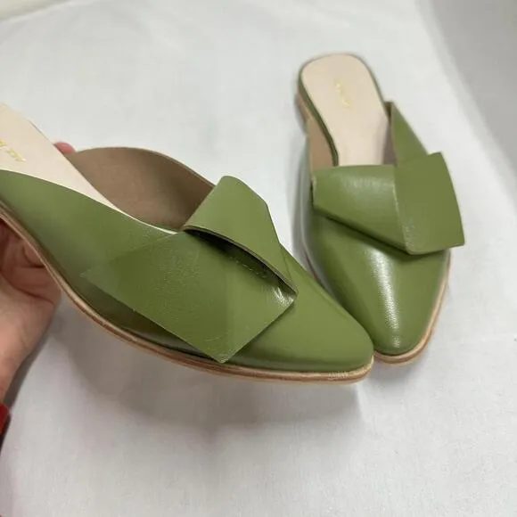 Contemporary Chic Olive Green Leather Half Bow Mule Sandals (8.5)