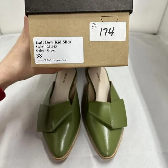 Contemporary Chic Olive Green Leather Half Bow Mule Sandals (8.5)
