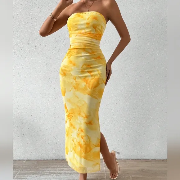 COPY - Tie Dye Strapless Dress With Side Slit Hem