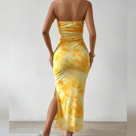 COPY - Tie Dye Strapless Dress With Side Slit Hem