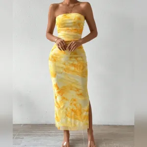 COPY - Tie Dye Strapless Dress With Side Slit Hem