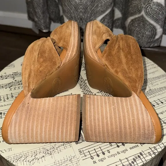 Cork Ease Haya Tan Camel Suede Chunky Heel Sandals Mules
