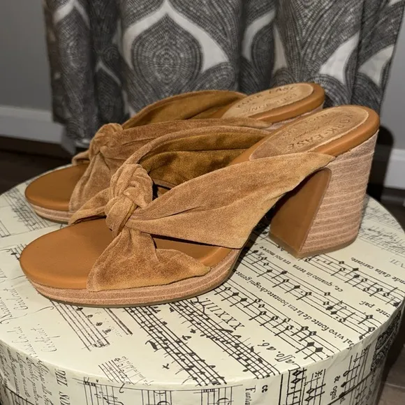 Cork Ease Haya Tan Camel Suede Chunky Heel Sandals Mules