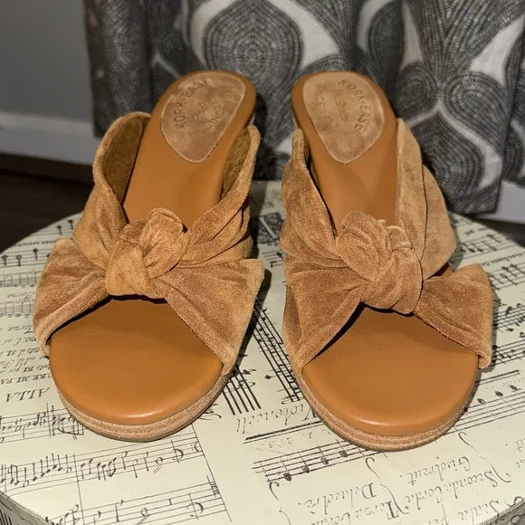 Cork Ease Haya Tan Camel Suede Chunky Heel Sandals Mules