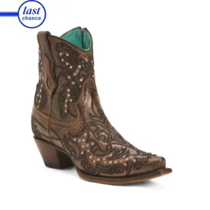 CORRAL BOOTS Bronze Leather Embroidered Western Ankle Boots