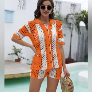 Crochet Knit Mesh Shorts Set