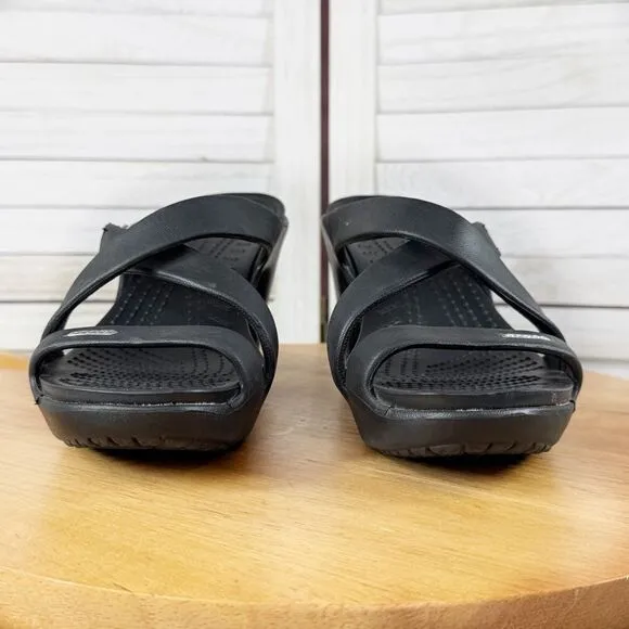 Crocs Cyprus IV 14558 Block Heel Sandals Black 9 Open Toe Strappy Mule