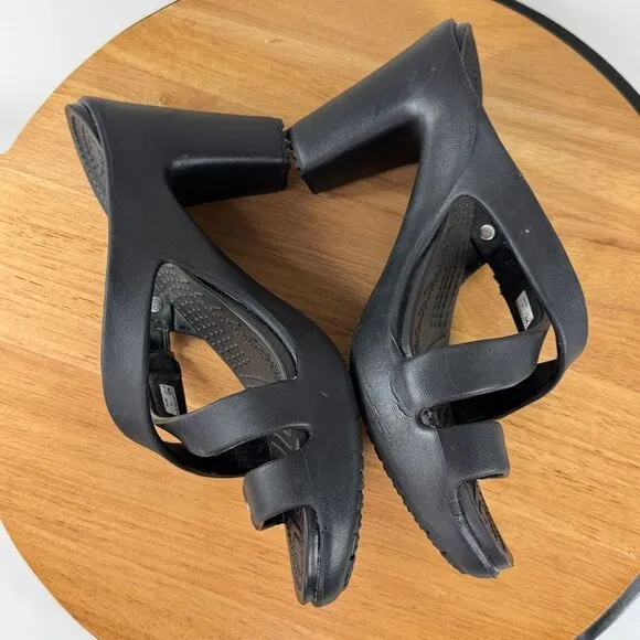 Crocs Cyprus IV 14558 Block Heel Sandals Black 9 Open Toe Strappy Mule