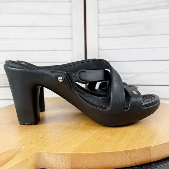 Crocs Cyprus IV 14558 Block Heel Sandals Black 9 Open Toe Strappy Mule