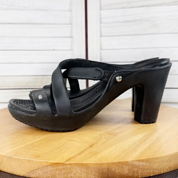 Crocs Cyprus IV 14558 Block Heel Sandals Black 9 Open Toe Strappy Mule