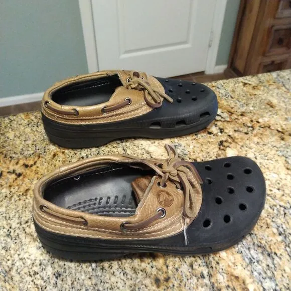 Crocs Islander Sport Pitcrew Black Brown Leather Sandals Lace up Size M6/W8
