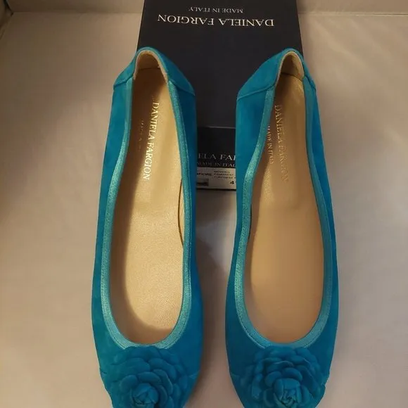 Daniela Fargion Turquoise Blue Rose Ballet Flats SZ 41/11- Made In Italy