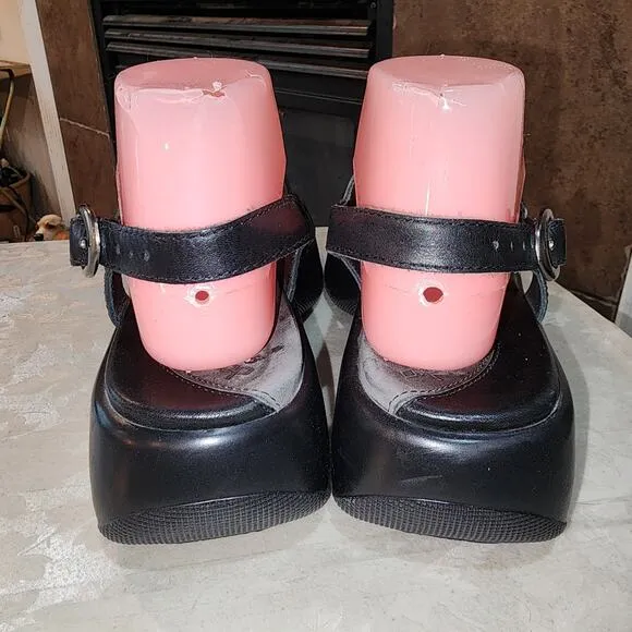 DANSKO 7.5/8 Vintage Chunky Blk Leather Buckle Y2K Style Boho Festival Sandals