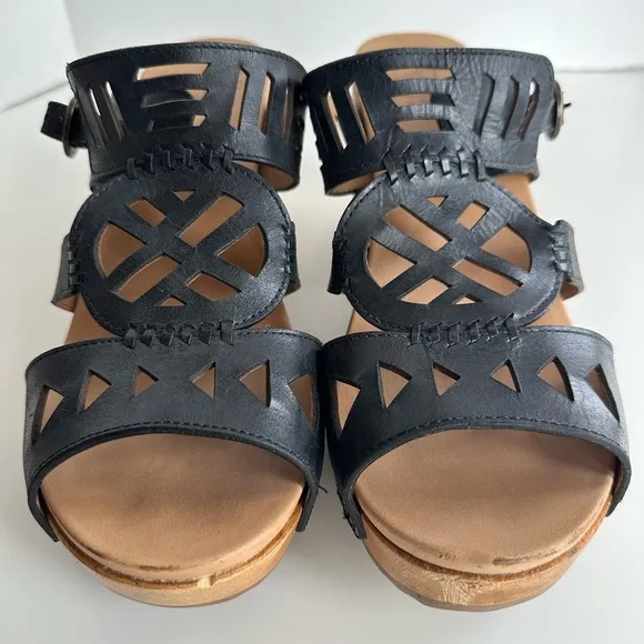 DANSKO Black Leather Cut Out Chunky Platform Slip On Heel Sandals Size 41