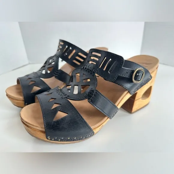 DANSKO Black Leather Cut Out Chunky Platform Slip On Heel Sandals Size 41
