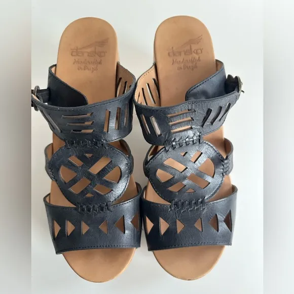 DANSKO Black Leather Cut Out Chunky Platform Slip On Heel Sandals Size 41