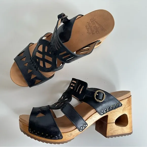 DANSKO Black Leather Cut Out Chunky Platform Slip On Heel Sandals Size 41