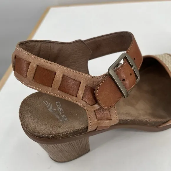 DANSKO Debby Brown Tan Leather Beige Raffia Chunky Heel Ankle Strap Sandals 8 39