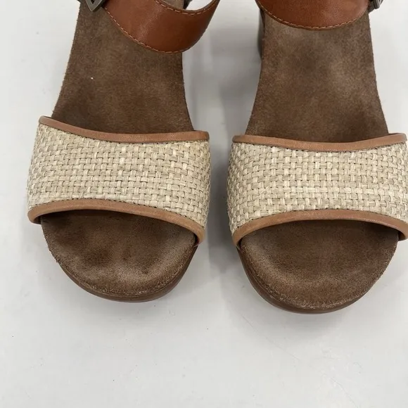 DANSKO Debby Brown Tan Leather Beige Raffia Chunky Heel Ankle Strap Sandals 8 39