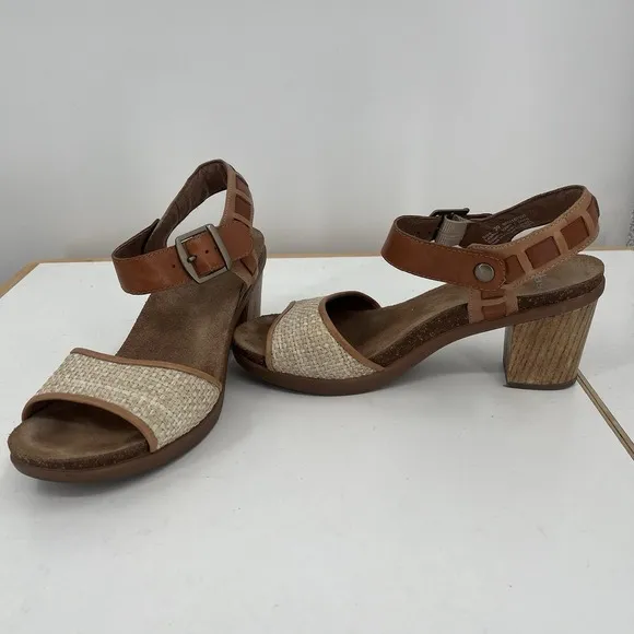 DANSKO Debby Brown Tan Leather Beige Raffia Chunky Heel Ankle Strap Sandals 8 39