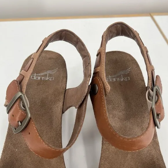 DANSKO Debby Brown Tan Leather Beige Raffia Chunky Heel Ankle Strap Sandals 8 39