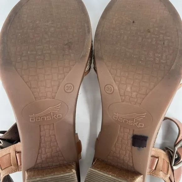 DANSKO Debby Brown Tan Leather Beige Raffia Chunky Heel Ankle Strap Sandals 8 39