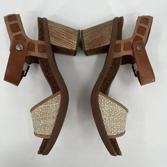 DANSKO Debby Brown Tan Leather Beige Raffia Chunky Heel Ankle Strap Sandals 8 39