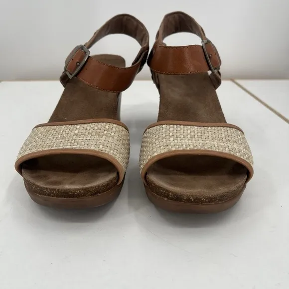 DANSKO Debby Brown Tan Leather Beige Raffia Chunky Heel Ankle Strap Sandals 8 39